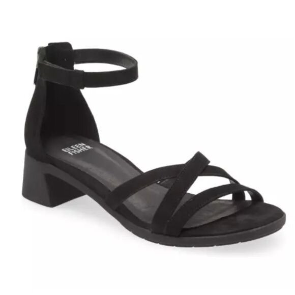 EILEEN FISHER Noni Strappy Leather Zip-Cuff Sandals in Black Size 8 - Picture 1 of 11